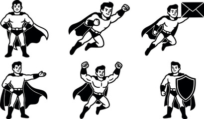 Obraz premium Superhero in different action poses holding shield and envelope