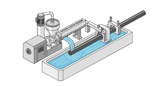 Isometric Industrial Plastic Pipe Extrusion Line and Water Cooling System Illustration showing Manufacturing Process and Factory Equipment