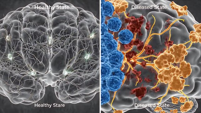 Comparative 3D CGI Brain Visualization Healthy vs Diseased States Showing Neural Network Degradation and Abnormal Cellular Growth in Medical Education Style