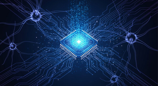 Glowing Neural Microchip Circuit Representing Artificial Intelligence.