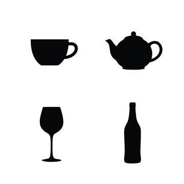 Black silhouettes of teacup, teapot, wine glass, and wine bottle on white background, representing various beverage containers and drinkware.