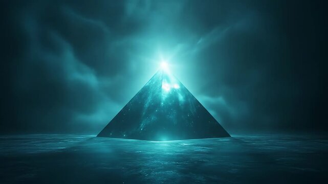 Abstract pyramid illuminated against dramatic atmospheric background