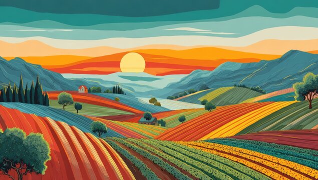 Vibrant Sunset Over Rolling Hills of Vineyards and Farmland.