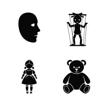 Black silhouettes of a human face, marionette puppet, doll, and teddy bear on a white background, representing themes of identity, control, and childhood.