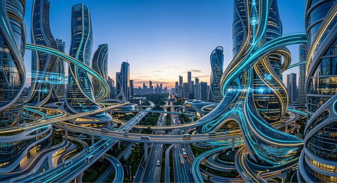 Abstract futuristic quantum city with sprawling multi-layered mega-structures and dynamic energy flow at blue hour twilight: A panoramic visualization of sustainable smart city architecture, interconn
