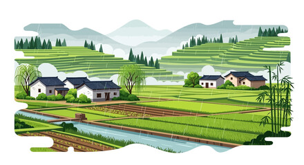 Naklejka premium Detailed vector illustration showcasing spring agriculture in China during the Grain Rain Festival (Guyu) with a serene rural landscape, featuring rice terraces, traditional houses