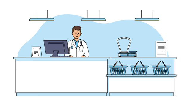 Friendly male pharmacist in white lab coat standing behind a clean pharmacy counter with computer and baskets ready to assist customers in a store.