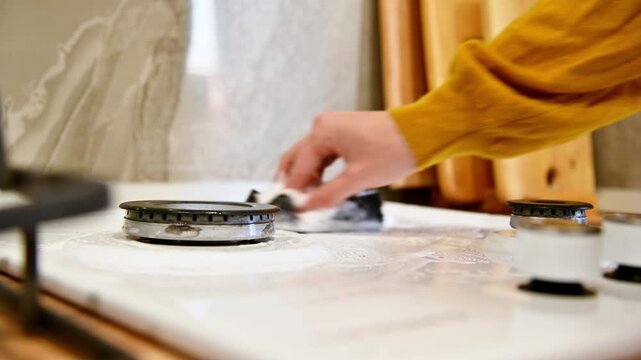 Hand cleaning gas stove surface with sponge in modern kitchen setting