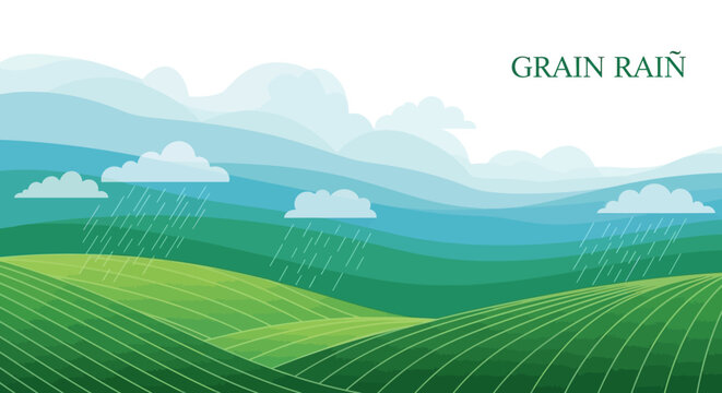 A stylized vector illustration depicts the Grain Rain Festival in China with fields of spring agriculture under a cloudy sky, showcasing the guyu chinese season and featuring a design