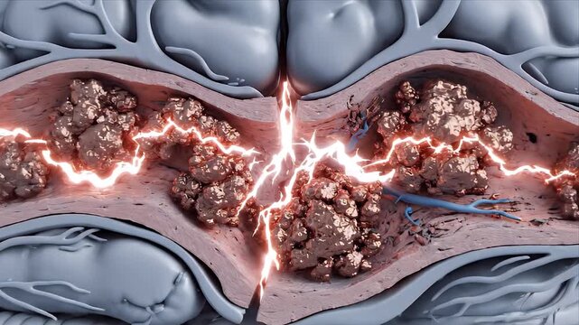 Detailed 3D CGI animation depicts blood vessels and calcified arterial plaque buildup within a cross-section of a human artery illustrating atherosclerosis progression in healthcare education