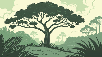 Fototapeta premium Minimalist flat art illustration of a spreading acacia tree in a lush green forest landscape