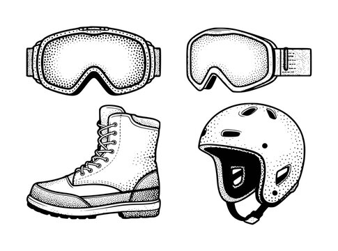 Vintage-style of ski goggles, snowboard boot, and helmet white background