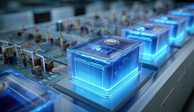 Futuristic Blue Energy Cubes on a Circuit Board.