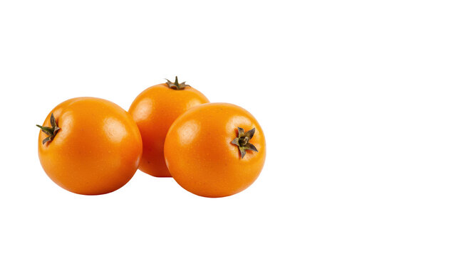 Three plump tejocote (mexican hawthorn) fruits with green stems, meticulously arranged on a clean, reflective white studio background with copy space. Concept for organic food promotion
