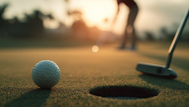 Golfer Putt Ball Towards Hole on Green During Sunset.