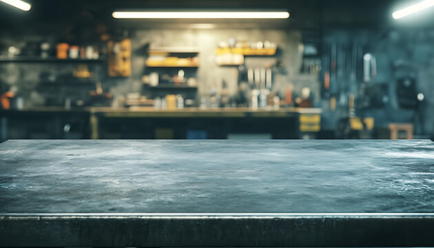 Empty Industrial Metal Workbench Surface with Blurred Workshop Background