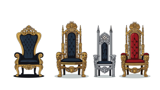Set of four different ornate royal thrones with intricate gold and silver frames velvet upholstery and majestic designs.