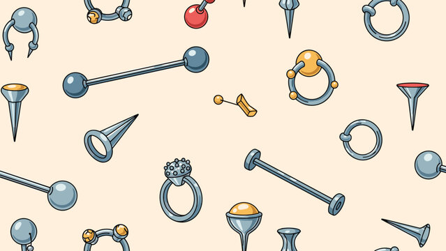 Creative seamless pattern of various body piercing jewelry including rings, bars, and studs for fashion design and textile themes.