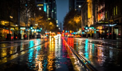 Fototapeta premium Rainy City Street at Night with Colorful Reflections.