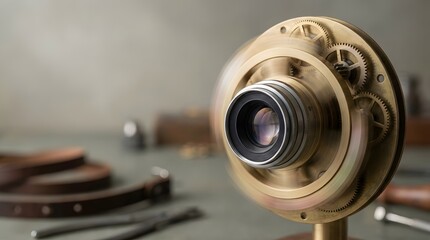 Fototapeta premium Steampunk brass lens with rotating gears