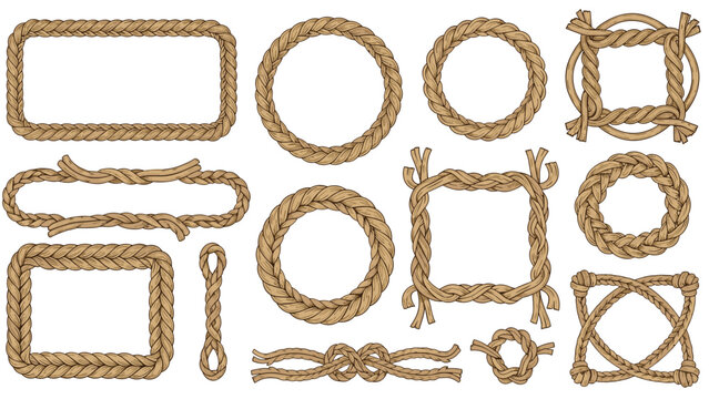 Set of decorative rope frames and knots made from thick braided nautical cord in various geometric shapes like circles and squares.