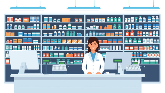 Female pharmacist standing behind a pharmacy counter with shelves full of medical supplies and computers.