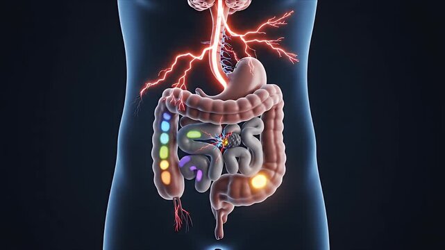 Detailed 3D CGI Animation Illustrating Human Digestive System Anatomy and Biological Processes with Glowing Lumbar Spine and Rainbow Colored Abdominal Organs on Dark Blue Background Educational