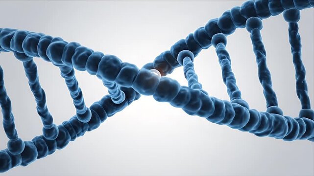 Detailed 3D CGI animation of a damaged DNA strand with glowing blue and orange helix and electrical sparks on a neutral gray background highlighting genetic mutation and cellular process for