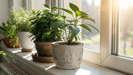 Fototapeta premium Houseplants in Sunlight on Window with Copy Space on Right Side - 3