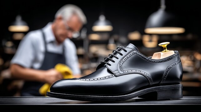 Expert shoemaker perfects a classic black dress shoe in a well-lit workshop, showcasing fine craftsmanship