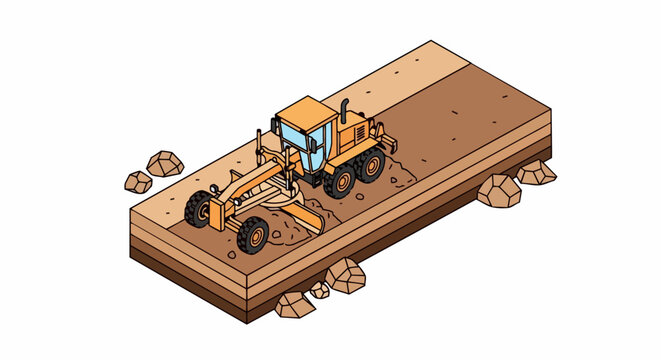Isometric Motor Grader Leveling Soil for Road Construction Project, Heavy Machinery Earthmoving Equipment Illustration on White Background
