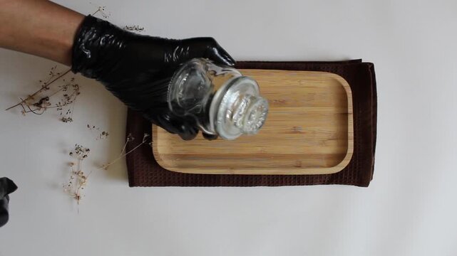 Close up small glass jar