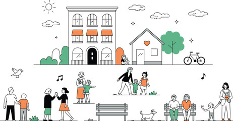 Flat Line Art Community Illustration Featuring People in City Park with Residential Houses Shops Bicycle Dog and Families Enjoying Outdoor Social Activities in Friendly Neighborhood Environment © MdMahedi
