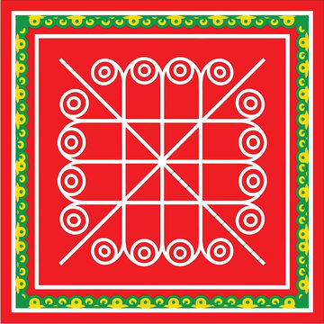 Red square with white geometric pattern and decorative green and yellow border