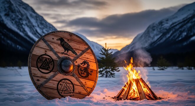 Viking Shield by Campfire in Snowy Mountains at Sunset.