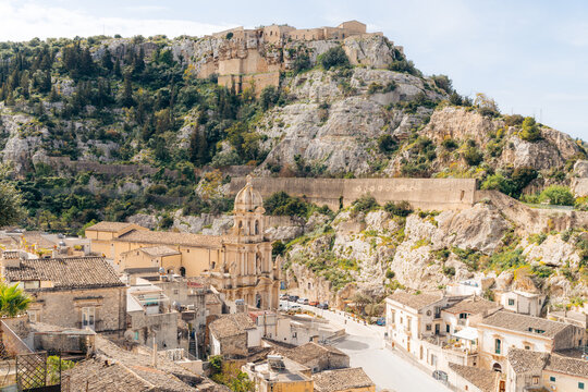 Historic hillside town and baroque architecture, Scicli, Sicily, Italy