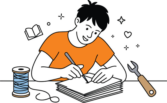 Young Man Working on Creative DIY Project at Desk with Thread Spool Wrench and Book for Hobbies Vocational Skills Training and Handcrafted Maker Concept Vector Illustration