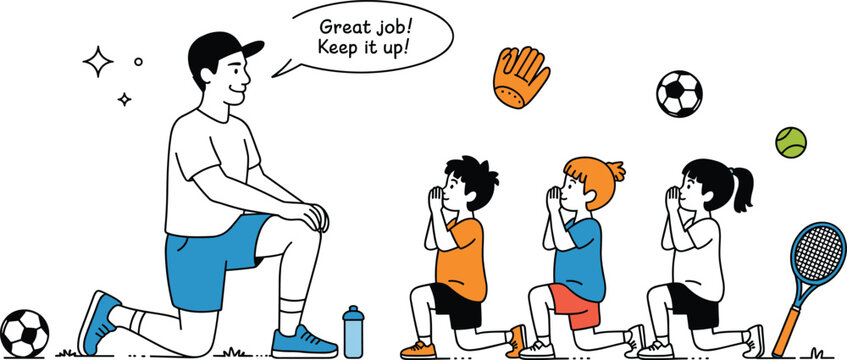 Friendly sports coach motivating a group of children during physical education class or youth training session with sports equipment vector