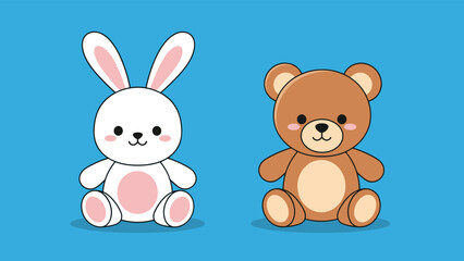 Fototapeta premium Two cute plush toys including a white bunny and a brown teddy bear sitting together on a blue background for children.
