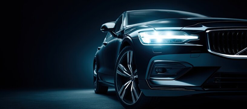 Modern Luxury Car with Bright LED Headlights in Dramatic Dark Studio Lighting.
