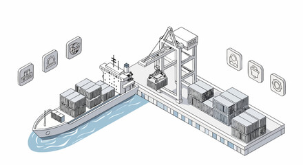 Naklejka premium Isometric Global Logistics and Maritime Shipping Illustration with Container Ship and Port Crane