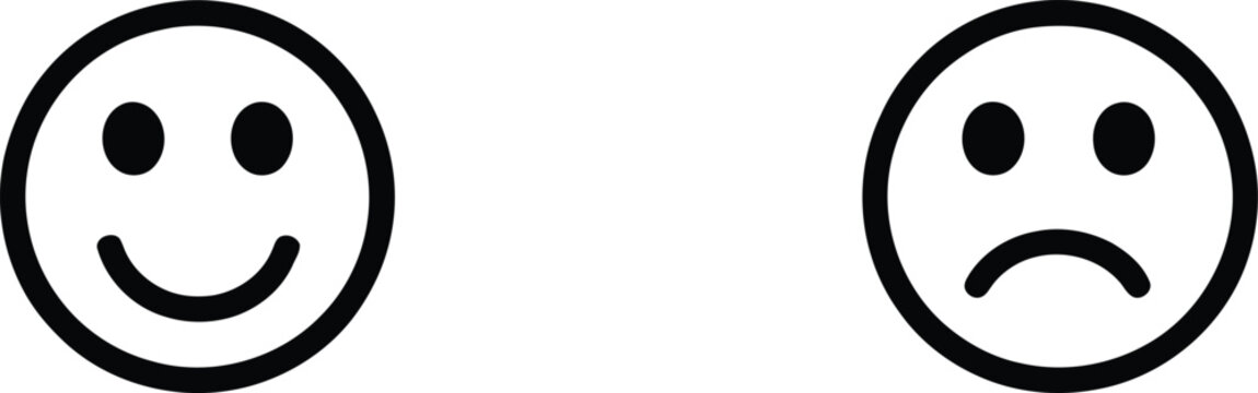 Two simple circular icons showing contrasting emotions of happiness and sadness as basic human facial expressions