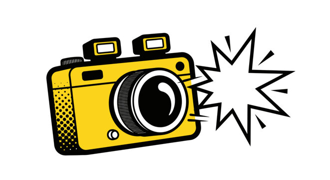 Yellow vintage camera with flash burst and halftone dots in comic book style retro