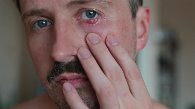 A man checks his right eye, showing signs of Chalazion, an eye condition caused by gland inflammation. He observes the affected area closely while touching the skin around his eye