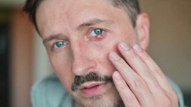 A man is studying his eye, which shows signs of infection and swelling. He touches the inflamed area while carefully observing the condition of his eye