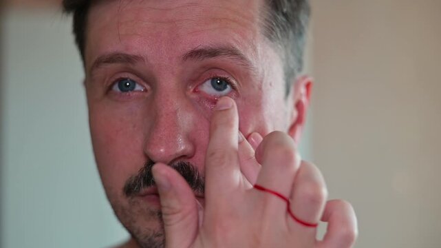 A man examines his eye to study the effects of Chalazion, a condition causing inflammation in the meibomian glands. Applies ointment for treatment