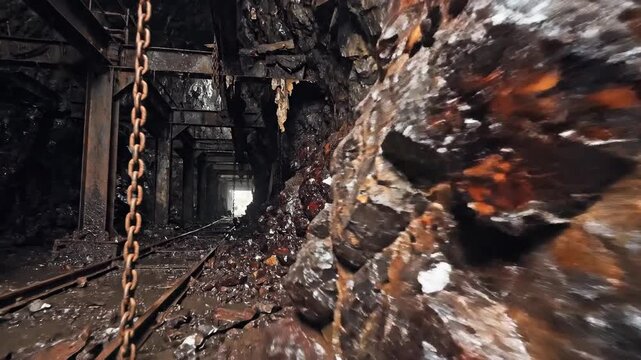 Abandoned Mine Shaft Interior with Rock Formations and Tracks