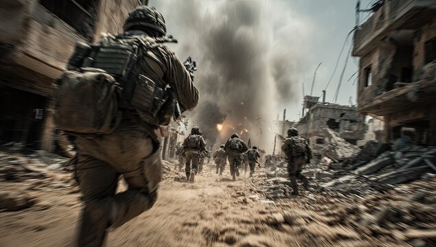 Soldiers advancing through war-torn city ruins with smoke and explosions.