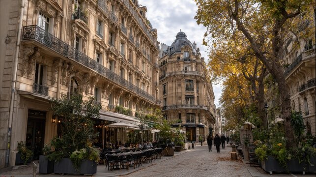 A bright autumn day in a Paris street of the 9th arrondissement, elegant Haussmann buildings lining a wide perspective

