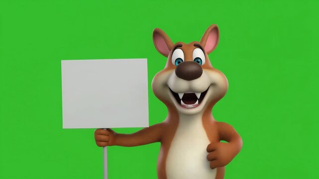 A cheerful cartoon squirrel character holding a blank sign in a green environment